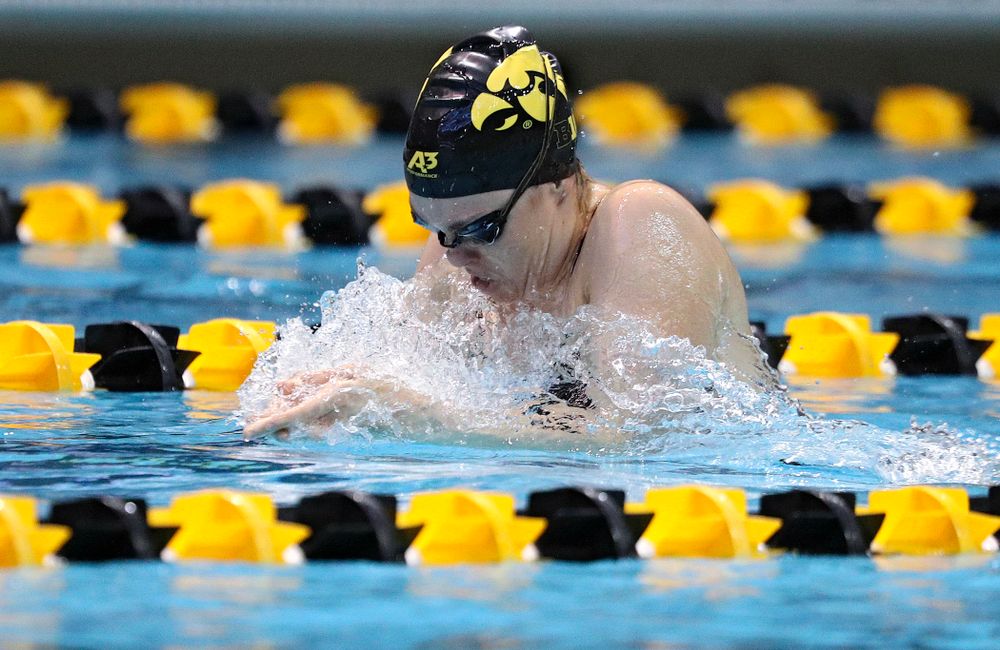 Iowa’s Lexi Horner swims the breaststroke section of the women’s 200-yard medley relay event during their meet against Michigan State and Northern Iowa at the Campus Recreation and Wellness Center in Iowa City on Friday, Oct 4, 2019. (Stephen Mally/hawkeyesports.com)