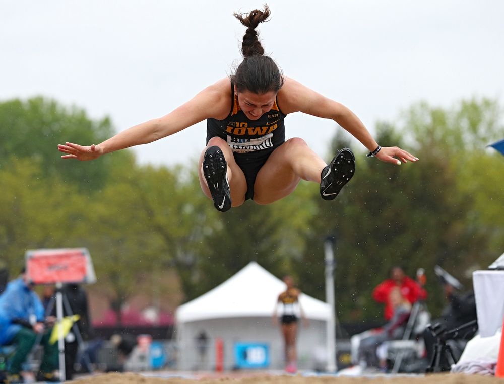 Iowa's Jenny Kimbro jumps in the women’s long jump in the heptathlon event on the second day of the Big Ten Outdoor Track and Field Championships at Francis X. Cretzmeyer Track in Iowa City on Saturday, May. 11, 2019. (Stephen Mally/hawkeyesports.com)