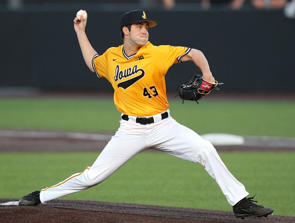 Iowa Hawkeyes pitcher Grant Leonard (43) strikes out a batter during the ninth inning of their game against Northern Illinois at Duane Banks Field in Iowa City on Tuesday, Apr. 16, 2019. (Stephen Mally/hawkeyesports.com)