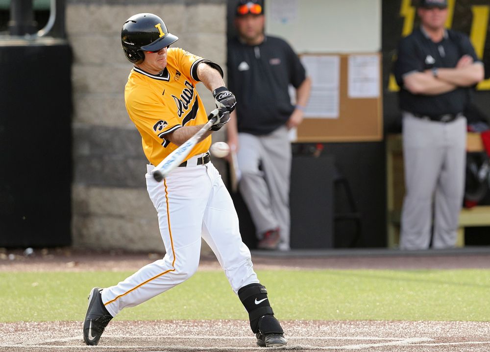 Iowa Hawkeyes right fielder Luke Farley (8) bats during the third inning of their game against Northern Illinois at Duane Banks Field in Iowa City on Tuesday, Apr. 16, 2019. (Stephen Mally/hawkeyesports.com)