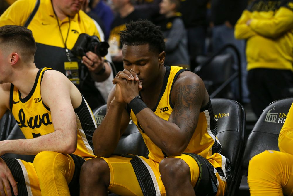 Iowa Hawkeyes guard Joe Toussaint (1) sits before introductions during the Iowa men’s basketball game vs Rutgers on Wednesday, January 22, 2020 at Carver-Hawkeye Arena. (Lily Smith/hawkeyesports.com)