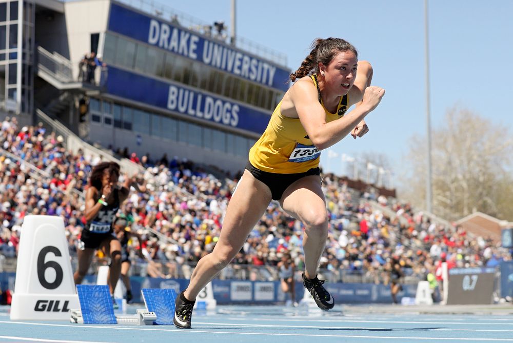 Iowa's Jenny Kimbro runs in the women's 400 meter hurdles event during the second day of the Drake Relays at Drake Stadium in Des Moines on Friday, Apr. 26, 2019. (Stephen Mally/hawkeyesports.com)