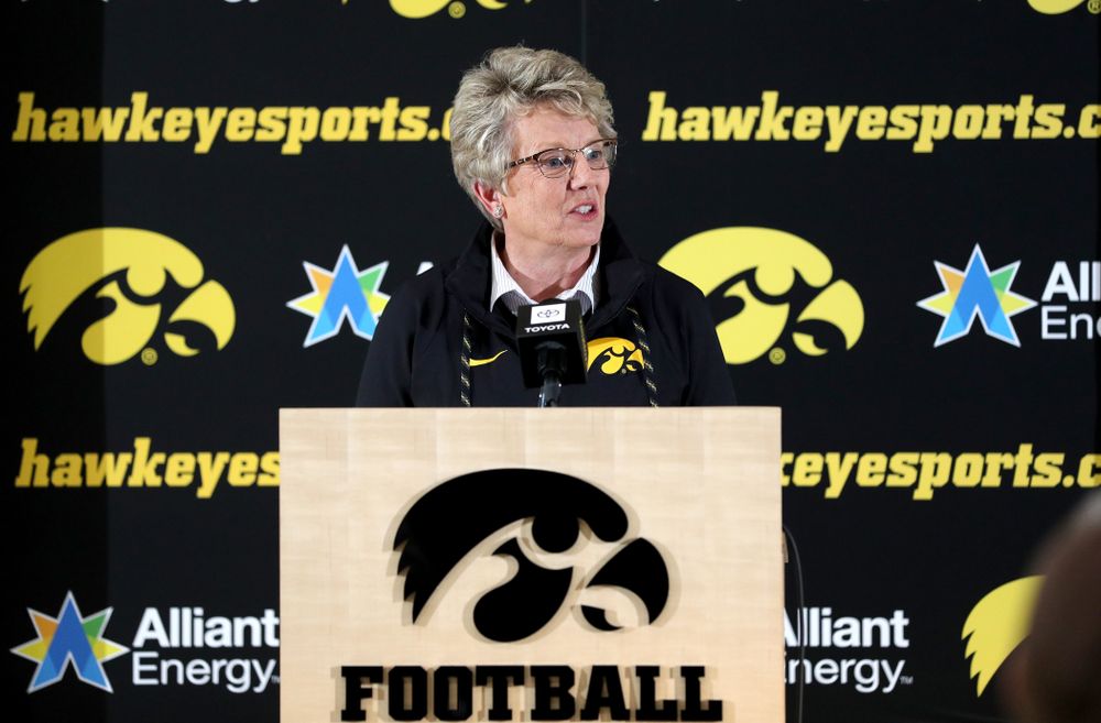 University of Iowa Deputy Director of Athletics Barbara Burke addresses the media on the Hawkeyes selection to face USC in the 2019 Holiday Bowl Sunday, December 8, 2019 at the Hansen Football Performance Center. (Brian Ray/hawkeyesports.com)