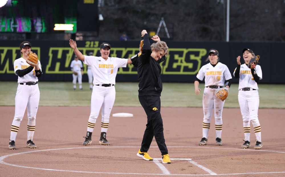 Iowa Women's Basketball Head Coach Lisa Bluder throws out a first pitch before the Iowa Hawkeyes game against Western Illinois Wednesday, March 27, 2019 at Pearl Field. (Brian Ray/hawkeyesports.com)