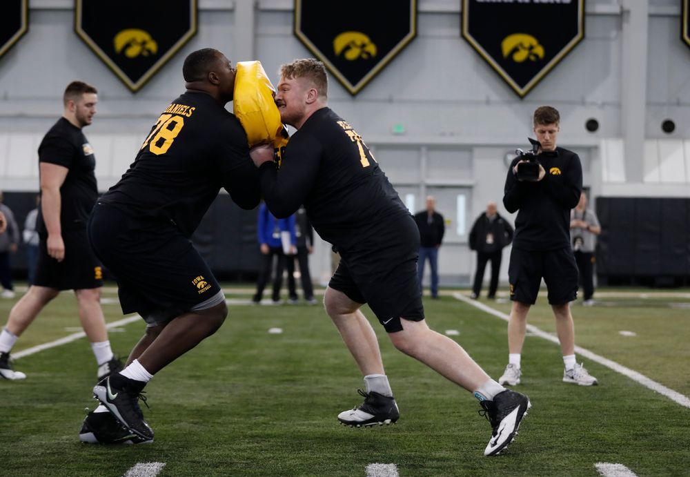 Iowa Hawkeyes offensive lineman Sean Welsh (79) during the team's annual pro day Monday, March 26, 2018 at the Hansen Football Performance Center. (Brian Ray/hawkeyesports.com)