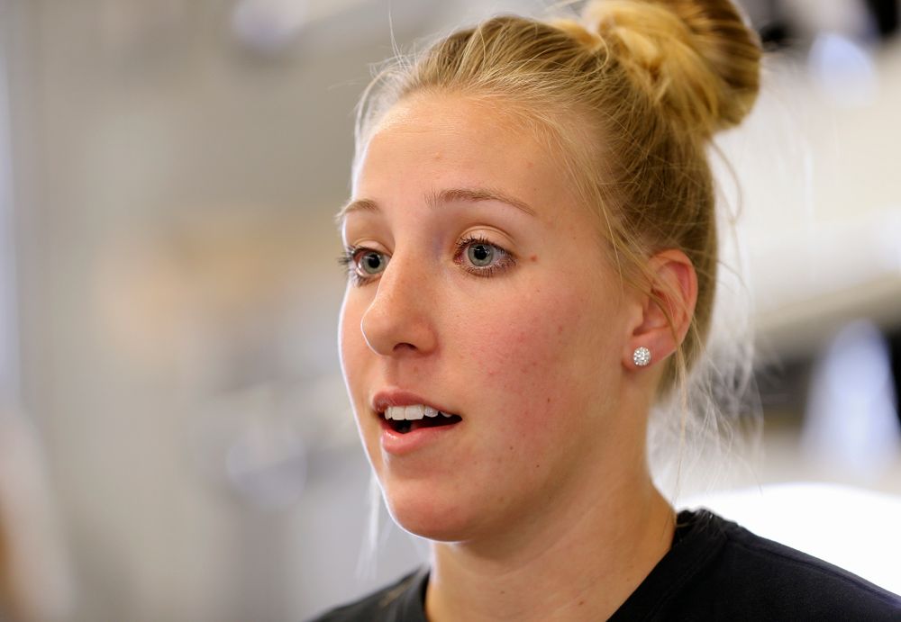 Iowa's Rachel Canon answers a question during media availability at the P. Sue Beckwith, M.D., Boathouse in Iowa City on Wednesday, Apr. 10, 2019. (Stephen Mally/hawkeyesports.com)