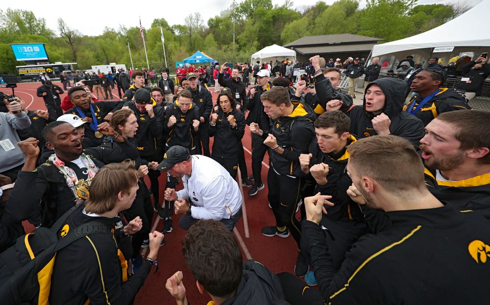 Iowa Director of Track and Field Joey Woody celebrates with his team after winning the Men's Big Ten Outdoor Track and Field Championships on the third day of the Big Ten Outdoor Track and Field Championships at Francis X. Cretzmeyer Track in Iowa City on Sunday, May. 12, 2019. (Stephen Mally/hawkeyesports.com)