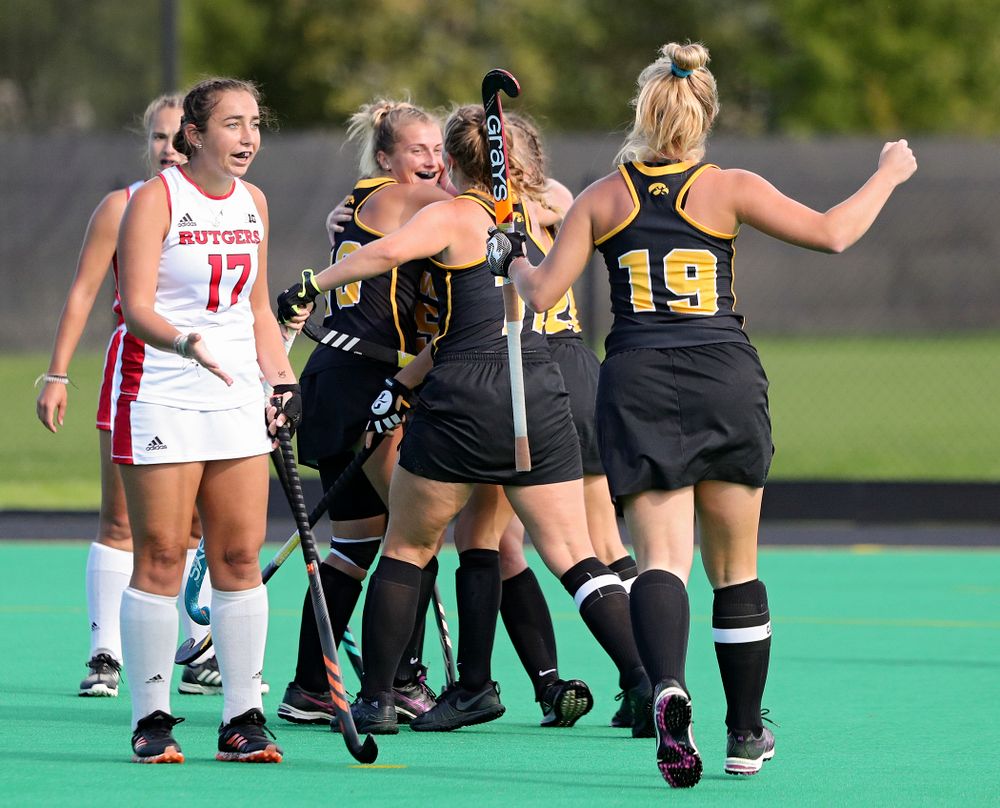 Iowa’s Leah Zellner (13) celebrates with teammates after scoring a goal during the third quarter of their match at Grant Field in Iowa City on Friday, Oct 4, 2019. (Stephen Mally/hawkeyesports.com)
