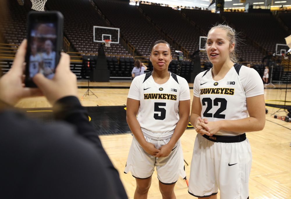 Iowa Hawkeyes guard Alexis Sevillian (5) and Iowa Hawkeyes guard Kathleen Doyle (22) during the team's annual media day Wednesday, October 31, 2018 at Carver-Hawkeye Arena. (Brian Ray/hawkeyesports.com)