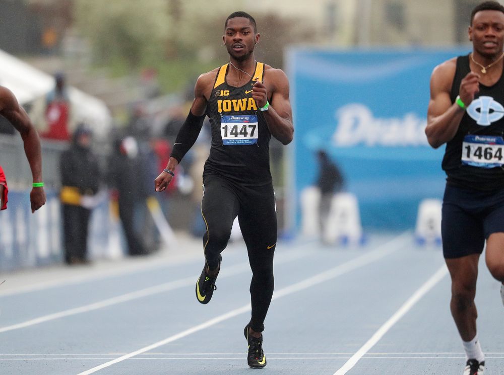 Iowa's Antonio Woodard
runs the men's 100 meter dash event during the third day of the Drake Relays at Drake Stadium in Des Moines on Saturday, Apr. 27, 2019. (Stephen Mally/hawkeyesports.com)