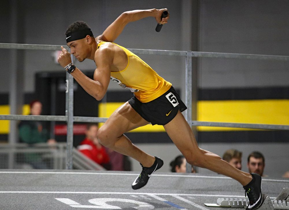 Iowa’s Jamal Britt runs the men’s 1600 meter relay premier event during the Larry Wieczorek Invitational at the Recreation Building in Iowa City on Saturday, January 18, 2020. (Stephen Mally/hawkeyesports.com)