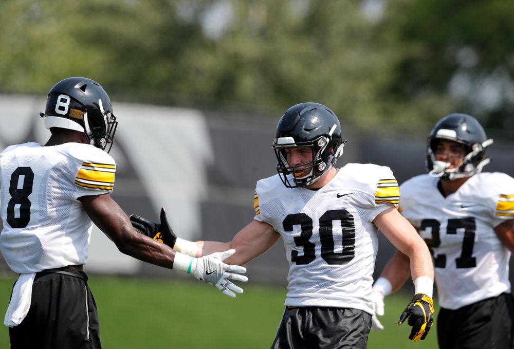 Iowa Hawkeyes defensive back Jake Gervase (30) and defensive back Matt Hankins (8) during practice No. 7 of fall camp Friday, August 10, 2018 at the Kenyon Football Practice Facility. (Brian Ray/hawkeyesports.com)