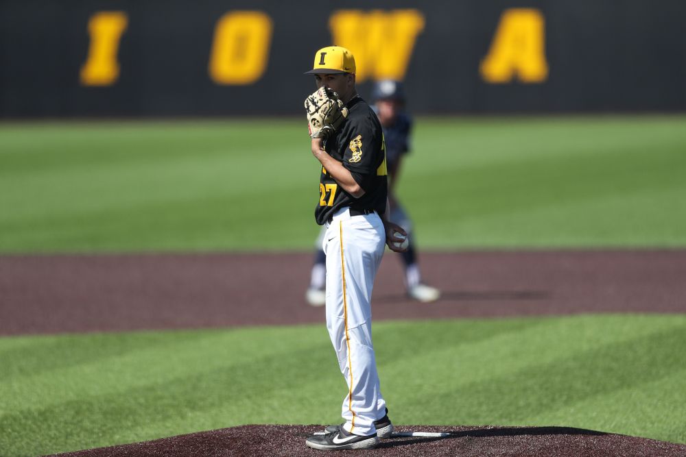 Iowa Hawkeyes Jason Foster (27) delivers the ball to the plate during game two against UC Irvine Saturday, May 4, 2019 at Duane Banks Field. (Brian Ray/hawkeyesports.com)