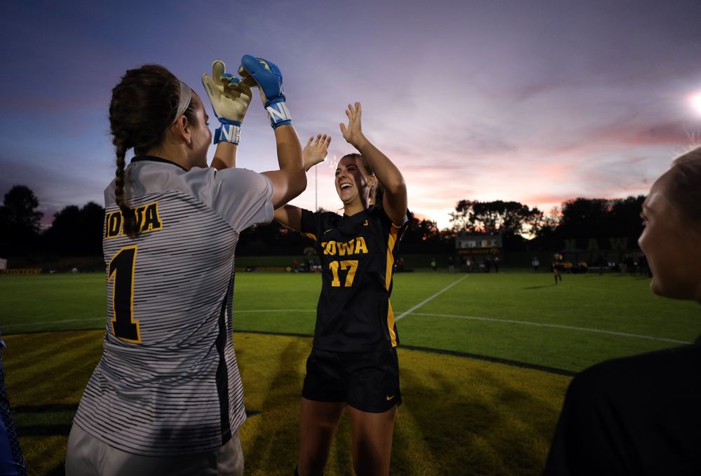 Iowa Hawkeyes goalkeeper Claire Graves (1) and defender Hannah Drkulec (17) against the Nebraska Cornhuskers Thursday, October 3, 2019 at the Iowa Soccer Complex. (Brian Ray/hawkeyesports.com)