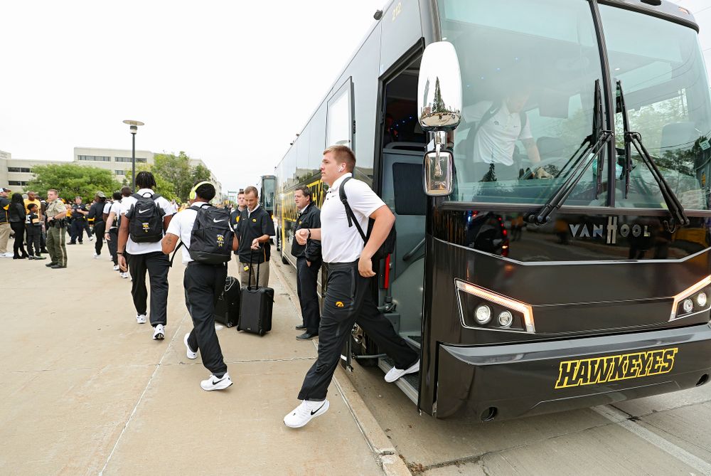 Iowa Hawkeyes linebacker Seth Benson (44) steps off the bus as he arrives with his team before their game at Kinnick Stadium in Iowa City on Saturday, Sep 28, 2019. (Stephen Mally/hawkeyesports.com)