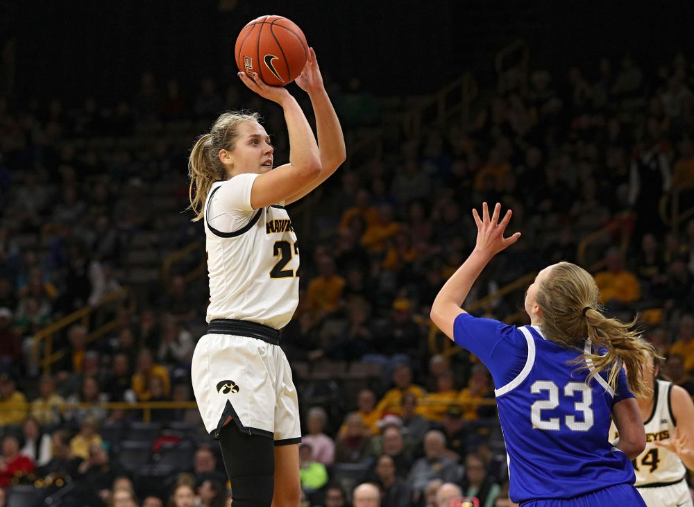 Iowa Hawkeyes guard Kathleen Doyle (22) makes a basket during the fourth quarter of their game at Carver-Hawkeye Arena in Iowa City on Saturday, December 21, 2019. (Stephen Mally/hawkeyesports.com)