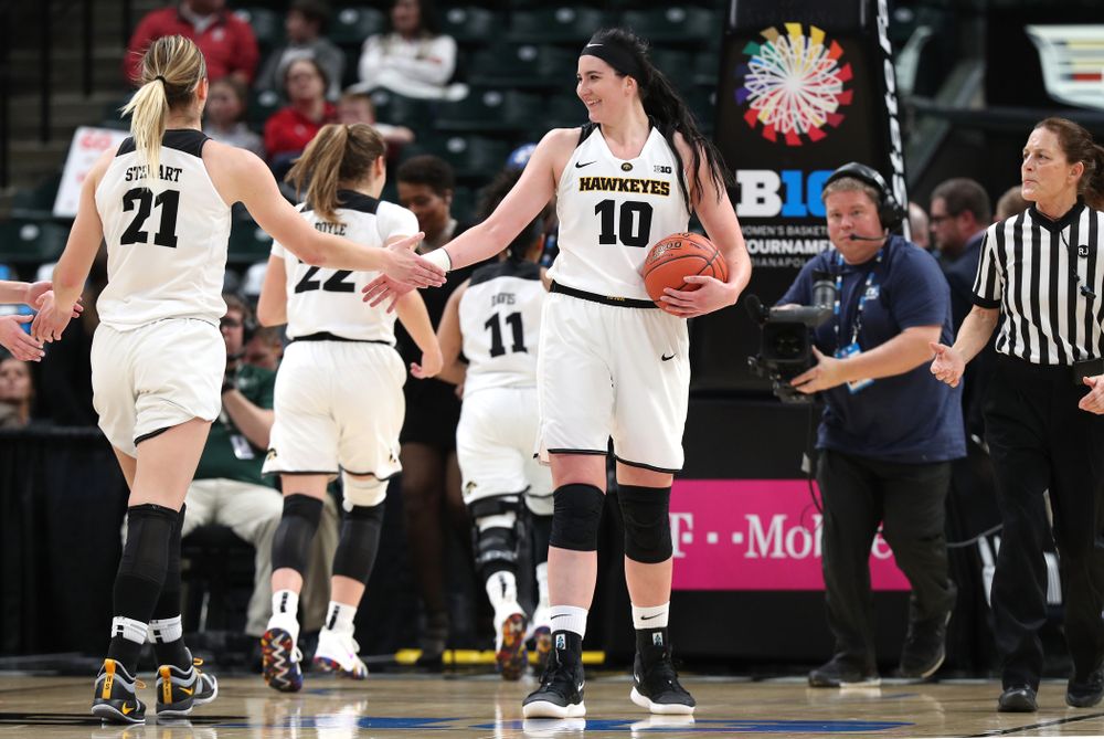 Iowa Hawkeyes forward Megan Gustafson (10) and forward Hannah Stewart (21) against the Indiana Hoosiers in the quarterfinals of the Big Ten Tournament Friday, March 8, 2019 at Bankers Life Fieldhouse in Indianapolis, Ind. (Brian Ray/hawkeyesports.com)