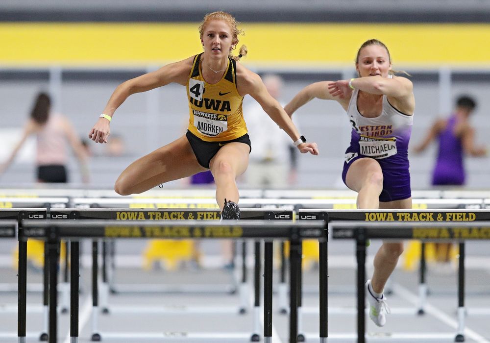 Iowa’s Kylie Morken runs in the women’s 60 meter hurdles prelim event during the Hawkeye Invitational at the Recreation Building in Iowa City on Saturday, January 11, 2020. (Stephen Mally/hawkeyesports.com)