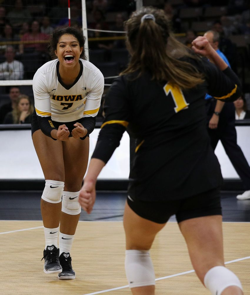 Iowa Hawkeyes setter Brie Orr (7) celebrates after winning a point during a match against Rutgers at Carver-Hawkeye Arena on November 2, 2018. (Tork Mason/hawkeyesports.com)