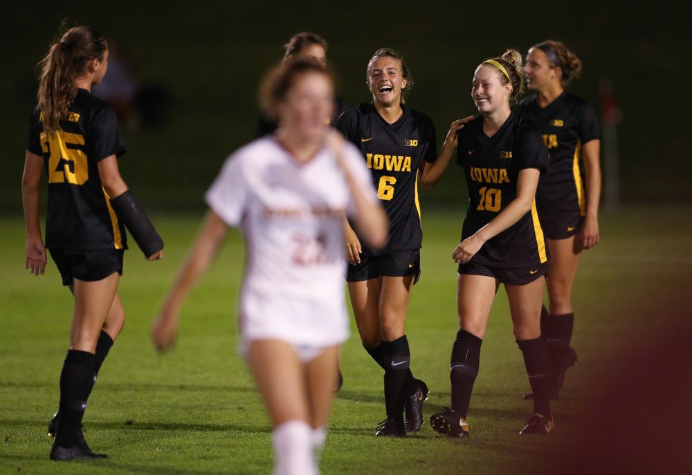 Iowa Hawkeyes midfielder Isabella Blackman (6) and midfielder/defender Natalie Winters (10) during a 2-1 victory over the Iowa State Cyclones Thursday, August 29, 2019 in the Iowa Corn Cy-Hawk series at the Iowa Soccer Complex. (Brian Ray/hawkeyesports.com)