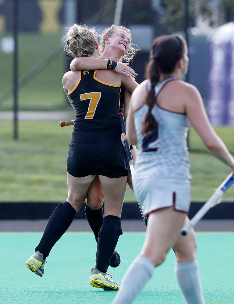 Iowa Hawkeyes Maddy Murphy (26) celebrates with Ellie Holley (7)  after scoring against the Penn Quakers Friday, September 14, 2018 at Grant Field. (Brian Ray/hawkeyesports.com)