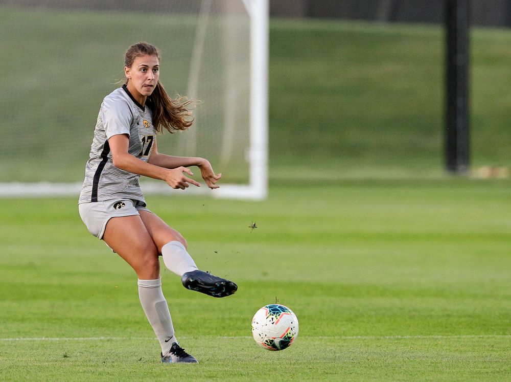 Iowa defender Hannah Drkulec (17) passes during the first half of their match at the Iowa Soccer Complex in Iowa City on Friday, Sep 13, 2019. (Stephen Mally/hawkeyesports.com)