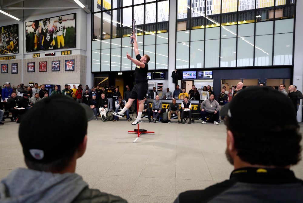 Iowa Hawkeyes offensive lineman Boone Myers (52) during the team's annual pro day Monday, March 26, 2018 at the Hansen Football Performance Center. (Brian Ray/hawkeyesports.com)