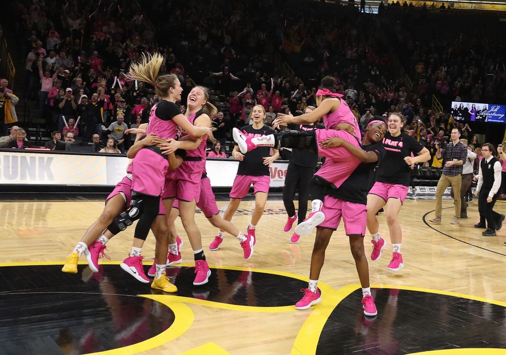 The Iowa Hawkeyes celebrate their victory against the seventh ranked Maryland Terrapins Sunday, February 17, 2019 at Carver-Hawkeye Arena. (Brian Ray/hawkeyesports.com)