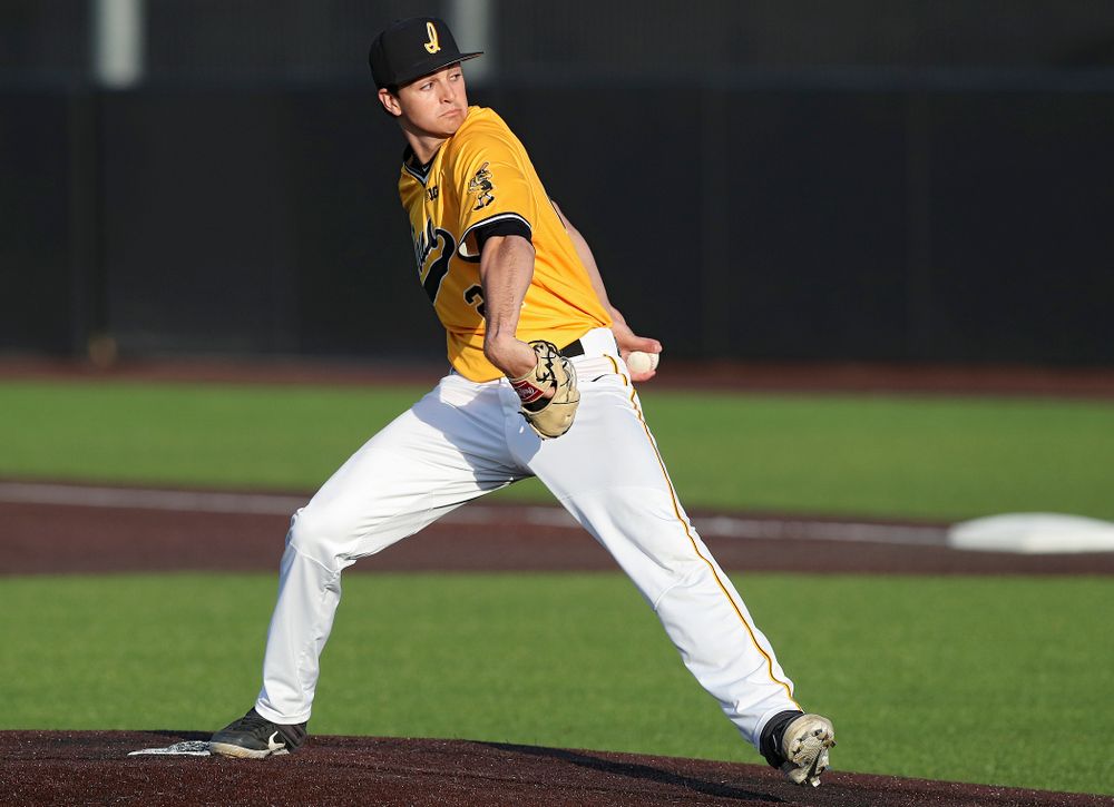 Iowa Hawkeyes pitcher Jason Foster (27) delivers to the plate during the seventh inning of their game against Northern Illinois at Duane Banks Field in Iowa City on Tuesday, Apr. 16, 2019. (Stephen Mally/hawkeyesports.com)
