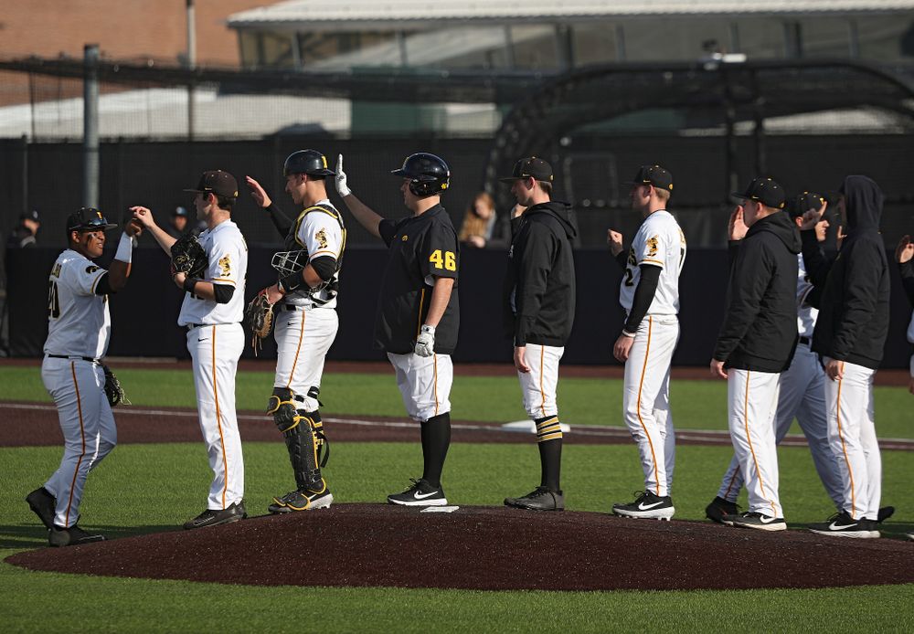 The Hawkeyes celebrate after winning their college baseball game at Duane Banks Field in Iowa City on Wednesday, March 11, 2020. (Stephen Mally/hawkeyesports.com)