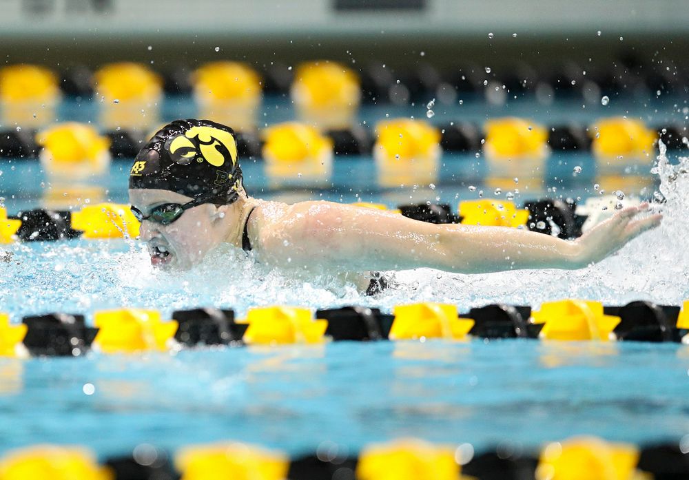 Iowa’s Amy Lenderink swims the butterfly section in the women’s 400 yard medley relay event during their meet at the Campus Recreation and Wellness Center in Iowa City on Friday, February 7, 2020. (Stephen Mally/hawkeyesports.com)