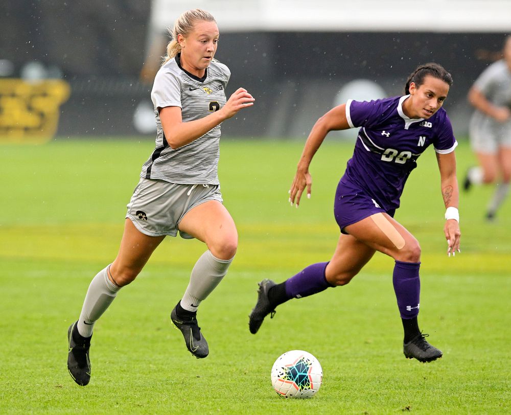 Iowa midfielder Hailey Rydberg (2) moves with the ball during the first half of their match at the Iowa Soccer Complex in Iowa City on Sunday, Sep 29, 2019. (Stephen Mally/hawkeyesports.com)