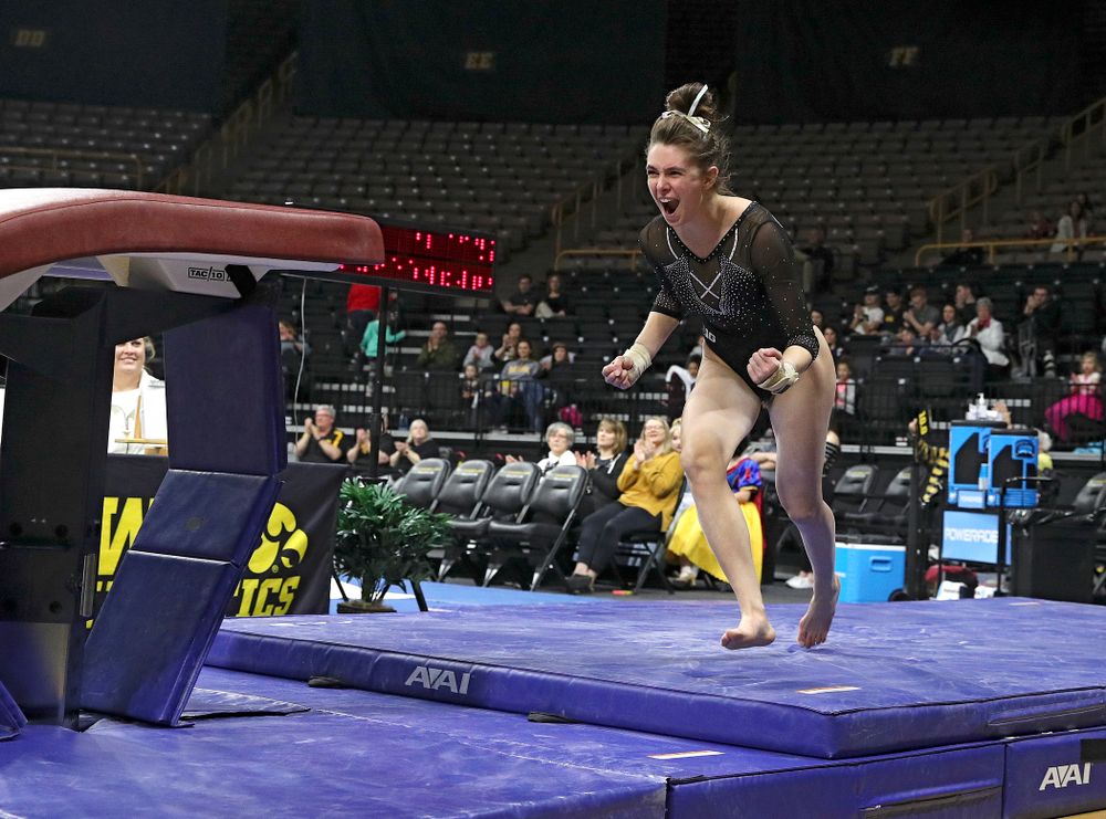 Iowa’s Bridget Killian competes on the vault during their meet at Carver-Hawkeye Arena in Iowa City on Sunday, March 8, 2020. (Stephen Mally/hawkeyesports.com)