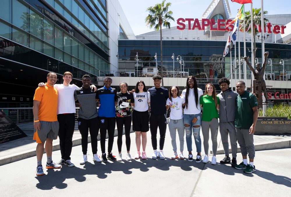 The ESPN College Basketball honorees and Wooden Award finalists take a photo outside of the Staples Center  Friday, April 12, 2019 in downtown LA. (Brian Ray/hawkeyesports.com)