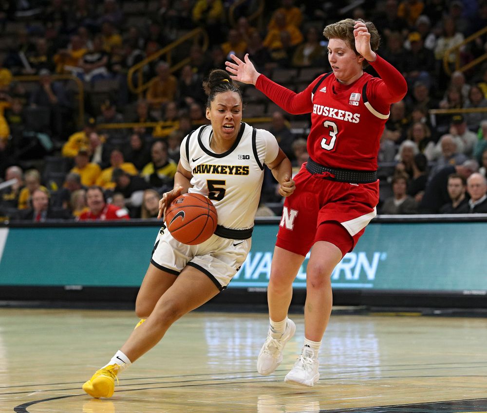 Iowa Hawkeyes guard Alexis Sevillian (5) drives with the ball during the fourth quarter of the game at Carver-Hawkeye Arena in Iowa City on Thursday, February 6, 2020. (Stephen Mally/hawkeyesports.com)