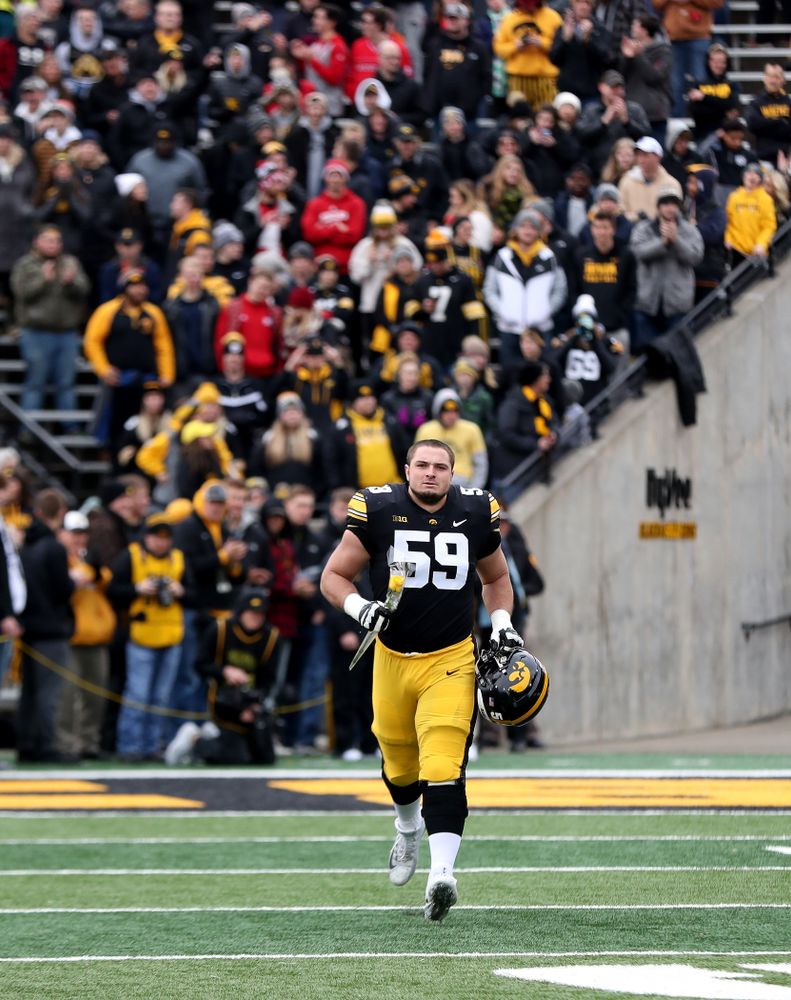 Iowa Hawkeyes offensive lineman Ross Reynolds (59) during senior day activities before their game against the Nebraska Cornhuskers Friday, November 23, 2018 at Kinnick Stadium. (Brian Ray/hawkeyesports.com)