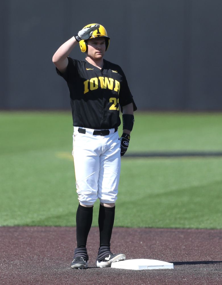Iowa Hawkeyes Tanner Padgett (22) solutes after doubling  during game two against UC Irvine Saturday, May 4, 2019 at Duane Banks Field. (Brian Ray/hawkeyesports.com)