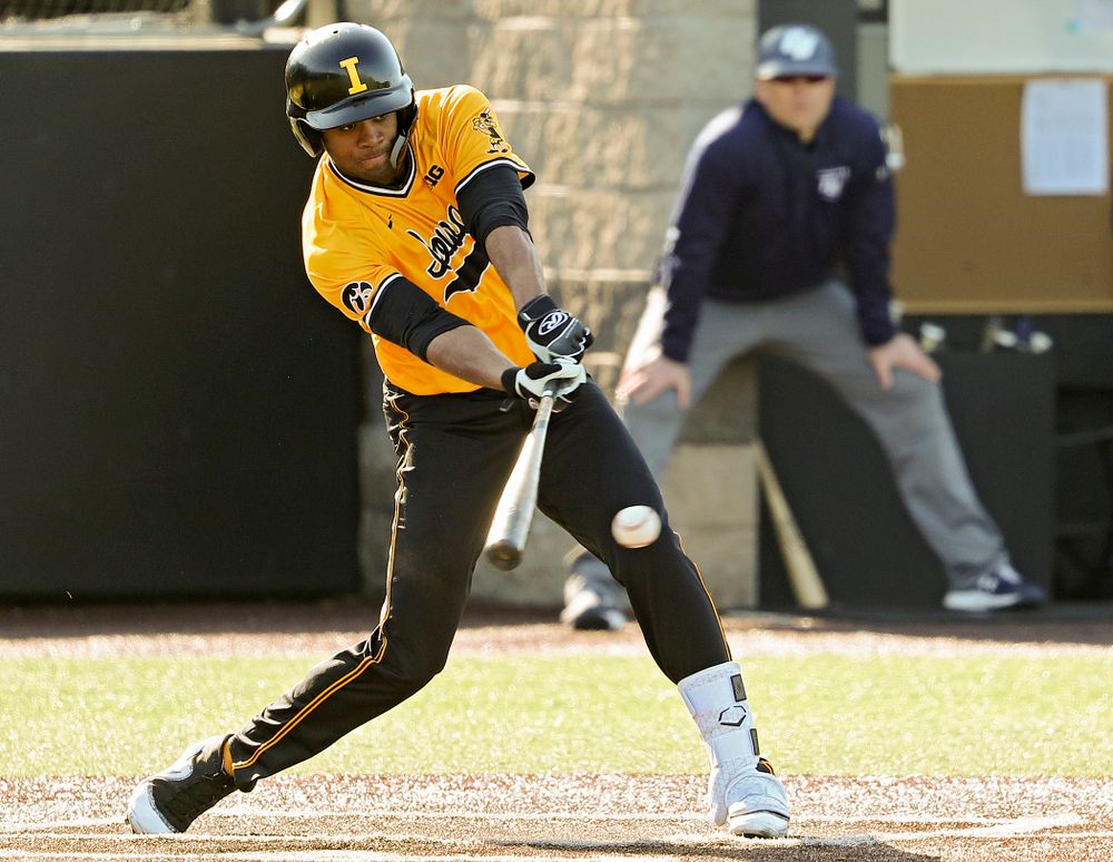 Iowa Hawkeyes third baseman Lorenzo Elion (1) bats during the second inning of their game at Duane Banks Field in Iowa City on Tuesday, Apr. 2, 2019. (Stephen Mally/hawkeyesports.com)