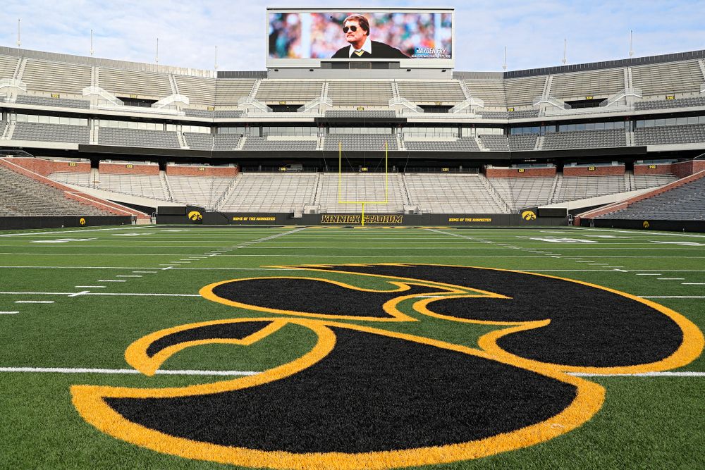 A picture of Hayden Fry is shown on the video boards at Kinnick Stadium in Iowa City on Wednesday, December 18, 2019. Hayden Fry passed away on Dec. 17, at the age of 90. (Stephen Mally/hawkeyesports.com)