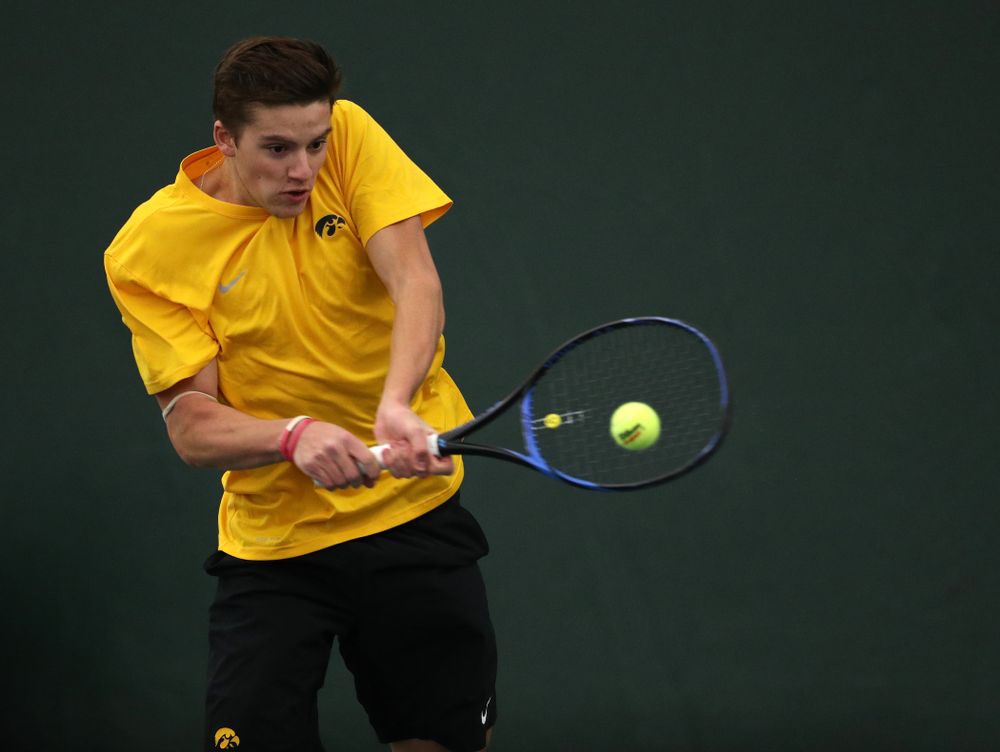Joe Tyler against the Butler Bulldogs Sunday, January 27, 2019 at the Hawkeye Tennis and Recreation Complex. (Brian Ray/hawkeyesports.com)