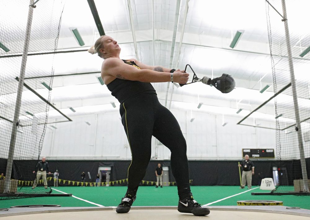 Iowa’s Allison Wahrman throws in the women’s weight throw event during the Larry Wieczorek Invitational at the Hawkeye Tennis and Recreation Complex in Iowa City on Friday, January 17, 2020. (Stephen Mally/hawkeyesports.com)