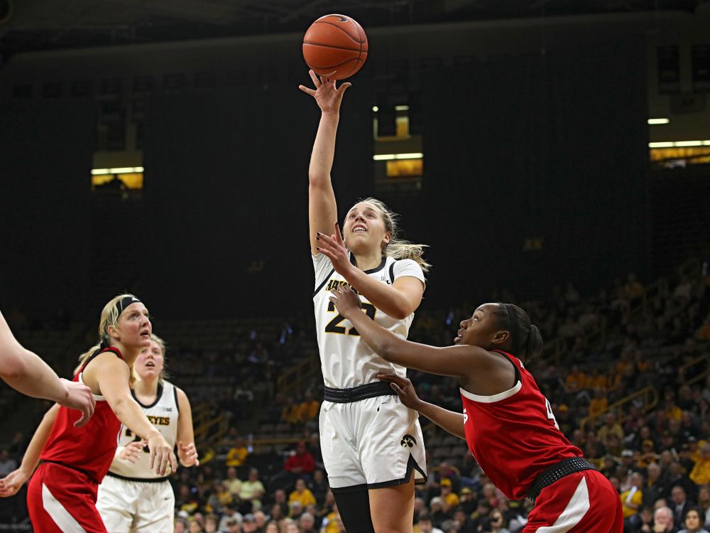 Iowa Hawkeyes guard Kathleen Doyle (22) puts up a shot during the second quarter of the game at Carver-Hawkeye Arena in Iowa City on Thursday, February 6, 2020. (Stephen Mally/hawkeyesports.com)