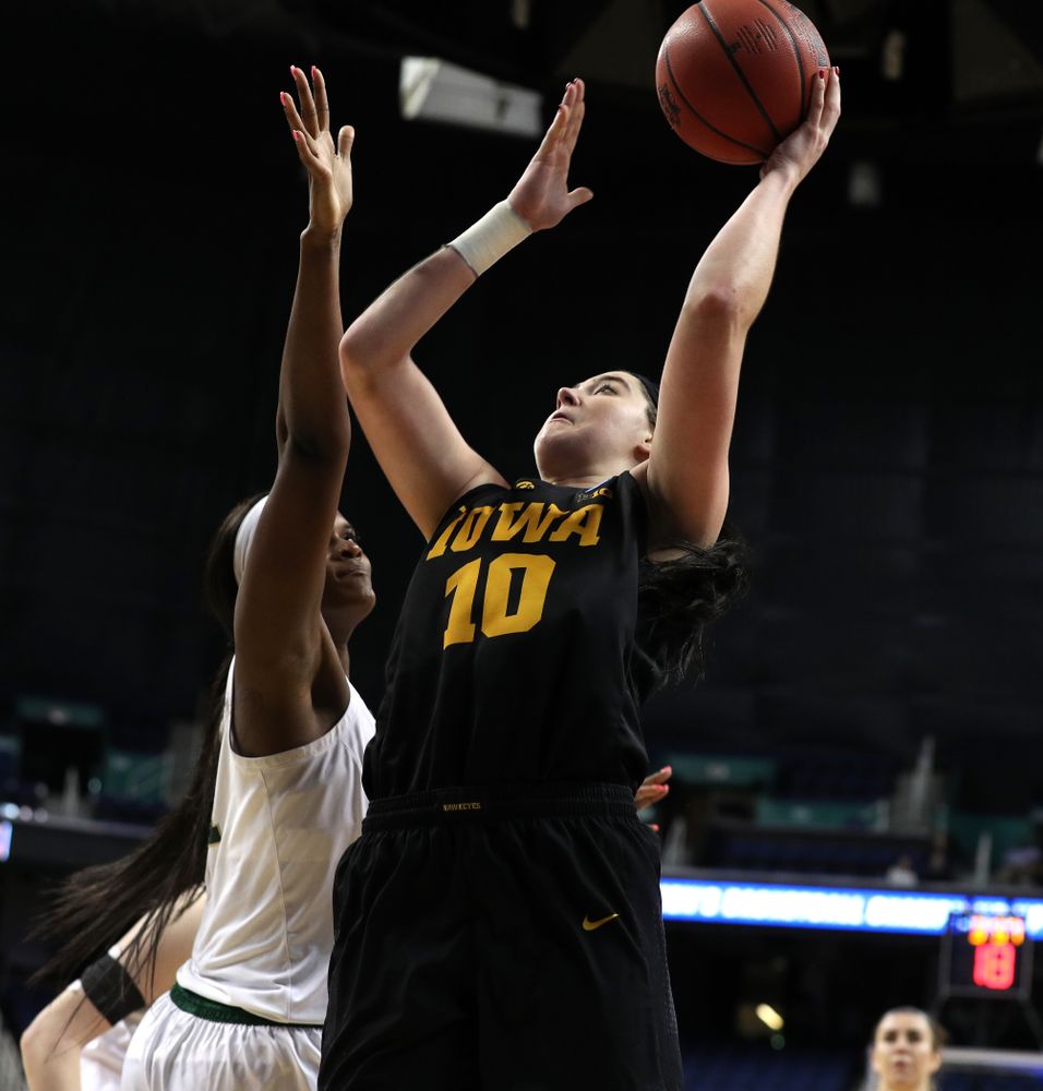 Iowa Hawkeyes forward Megan Gustafson (10) against the Baylor Lady Bears in the regional final of the 2019 NCAA Women's College Basketball Tournament Monday, April 1, 2019 at Greensboro Coliseum in Greensboro, NC.(Brian Ray/hawkeyesports.com)