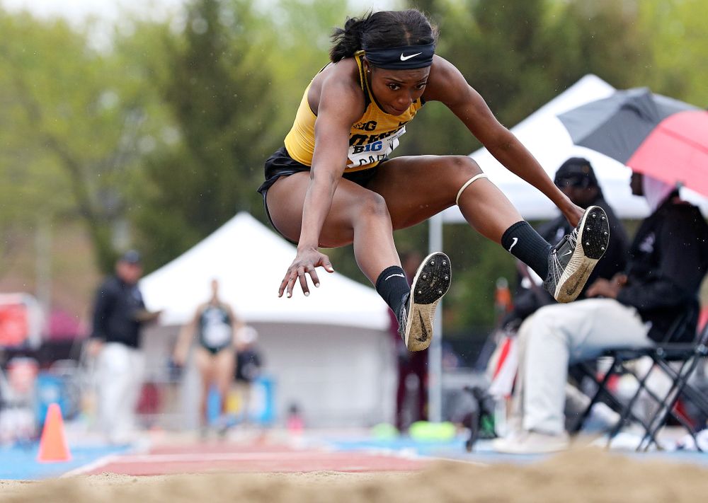 Iowa's Amanda Carty jumps in the women’s triple jump event on the third day of the Big Ten Outdoor Track and Field Championships at Francis X. Cretzmeyer Track in Iowa City on Sunday, May. 12, 2019. (Stephen Mally/hawkeyesports.com)