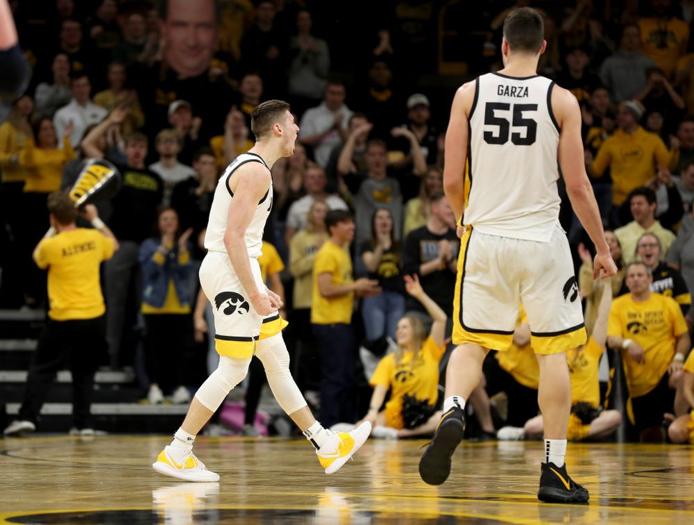Iowa Hawkeyes guard CJ Fredrick (5) reacts after making a three point basket against the Michigan Wolverines Friday, January 17, 2020 at Carver-Hawkeye Arena. (Brian Ray/hawkeyesports.com)