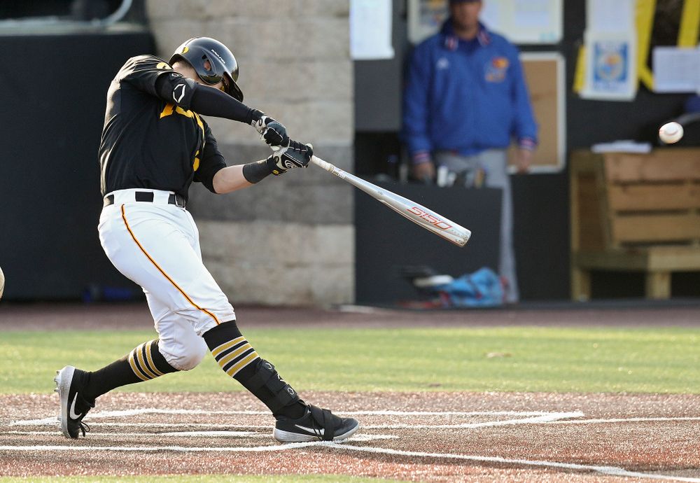 Iowa catcher Tyler Snep (16) drives a pitch for a hit during the fourth inning of their college baseball game at Duane Banks Field in Iowa City on Tuesday, March 10, 2020. (Stephen Mally/hawkeyesports.com)