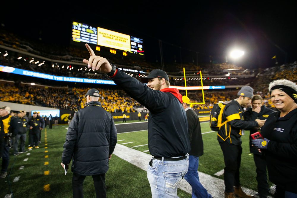 Carson King waves to fans during Iowa football vs Penn State on Saturday, October 12, 2019 at Kinnick Stadium. (Lily Smith/hawkeyesports.com)