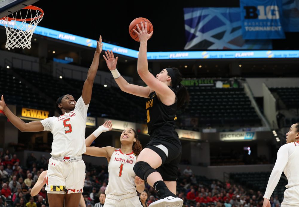 Iowa Hawkeyes forward Megan Gustafson (10) against the Maryland Terrapins Sunday, March 10, 2019 at Bankers Life Fieldhouse in Indianapolis, Ind. (Brian Ray/hawkeyesports.com)