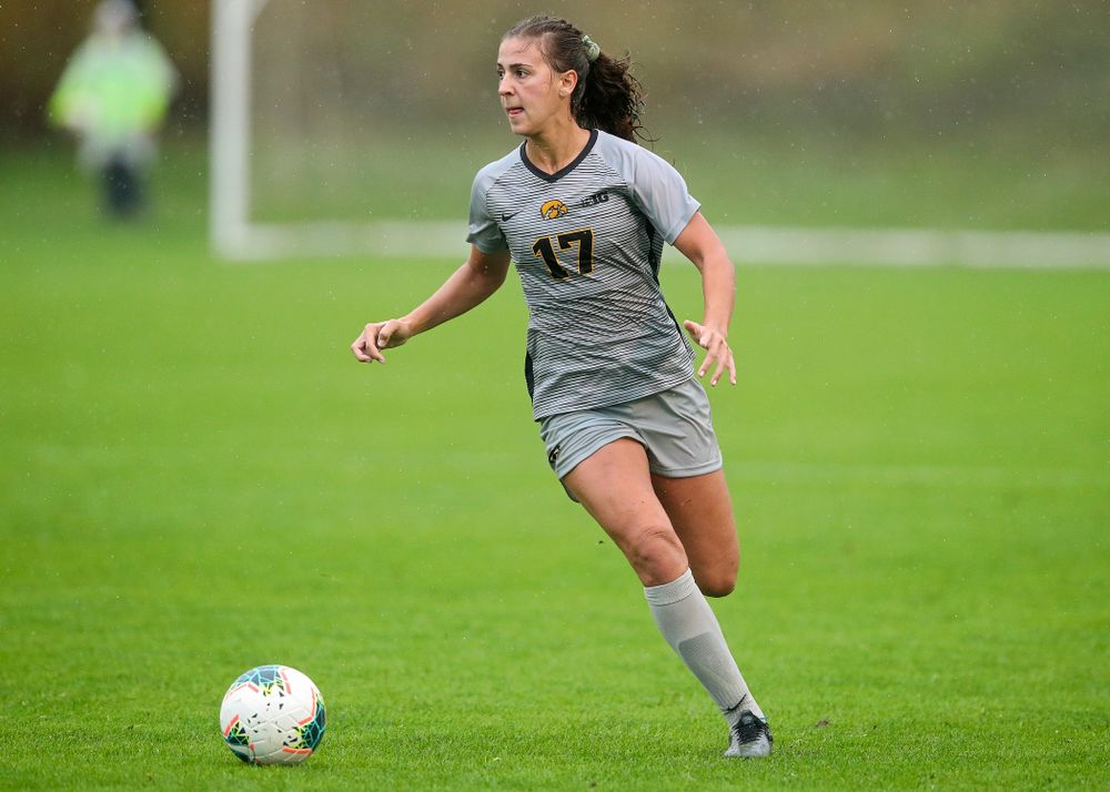 Iowa defender Hannah Drkulec (17) looks to pass during the second half of their match at the Iowa Soccer Complex in Iowa City on Sunday, Sep 29, 2019. (Stephen Mally/hawkeyesports.com)