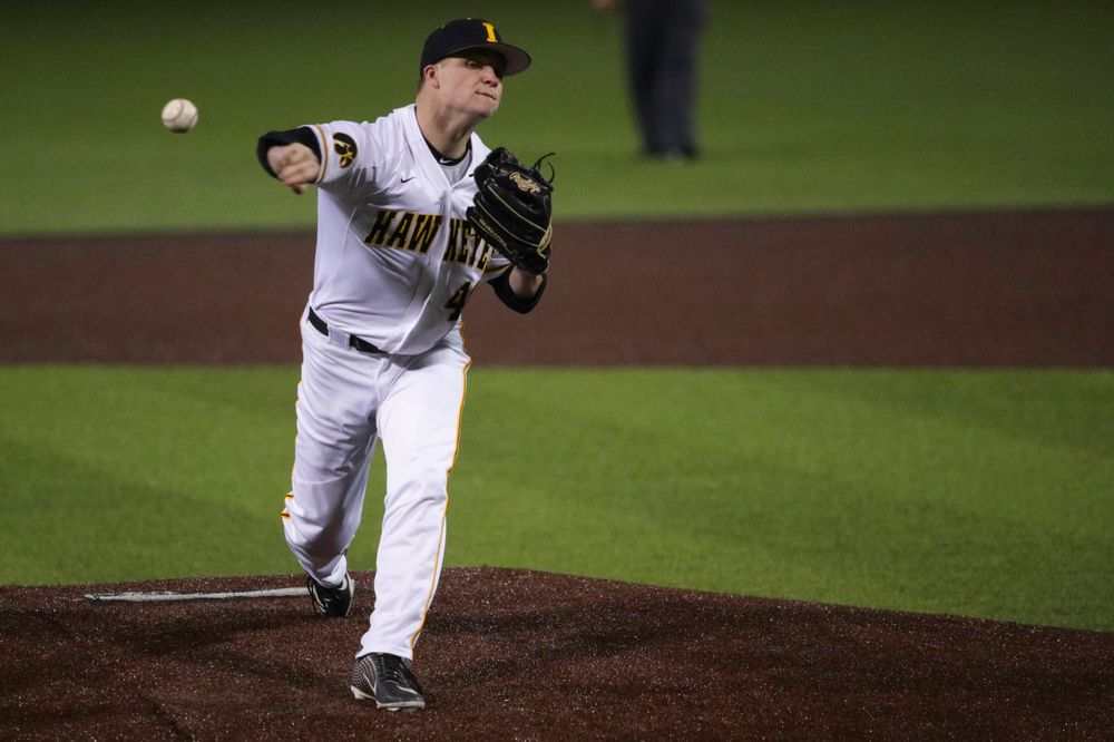 Iowa pitcher Trace Hoffman  at game 1 vs Rutgers on Friday, April 5, 2019 at Duane Banks Field. (Lily Smith/hawkeyesports.com)